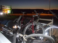 Our bikes loaded into the back of Tony\'s truck